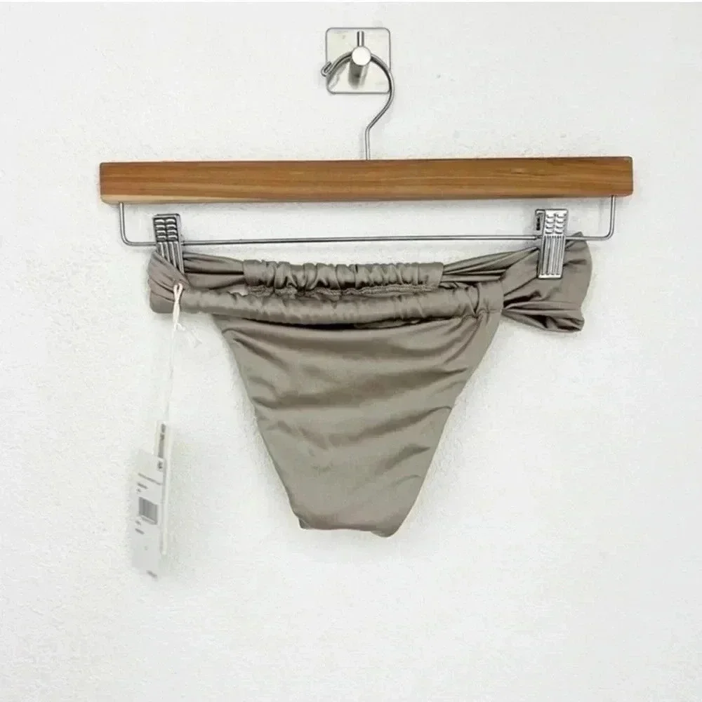 NWT Good American Mink‎ Shine Satin Ruched High Rise Bikini Bottoms, Size XS